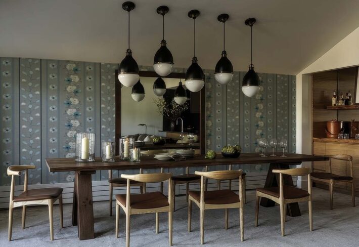Lush Tapestry, Vintage Floral Stripe Wallpaper in Blue and Grey mockup