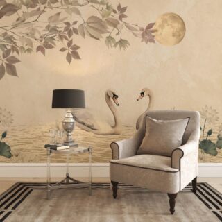 Moonlit Swanscape, Swan Pair in Dreamy Moonlit Setting Wallpaper Mural mockup