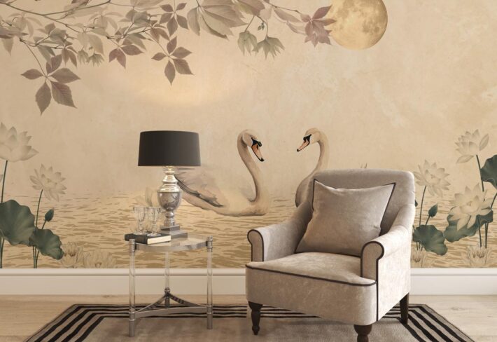 Moonlit Swanscape, Swan Pair in Dreamy Moonlit Setting Wallpaper Mural mockup