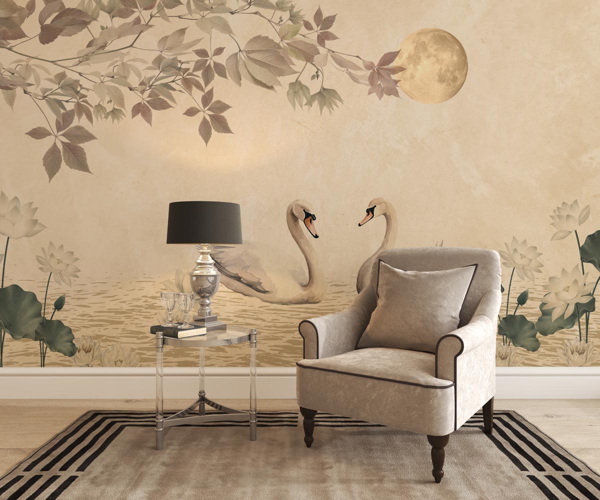 Moonlit Swanscape, Swan Pair in Dreamy Moonlit Setting Wallpaper Mural mockup