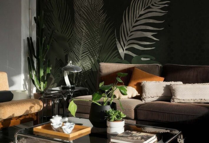 Midnight Canopy, Dark Jungle Wallpaper with Subtle Tropical Foliage mockup
