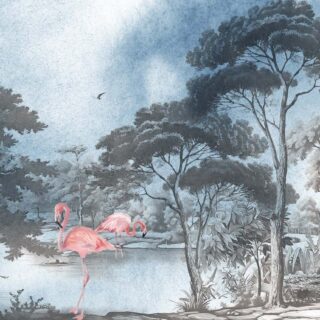 Whispering Waters, Flamingos in a Soft Woodland Wallpaper Mural