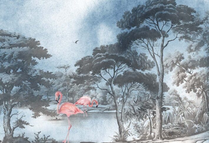 Whispering Waters, Flamingos in a Soft Woodland Wallpaper Mural