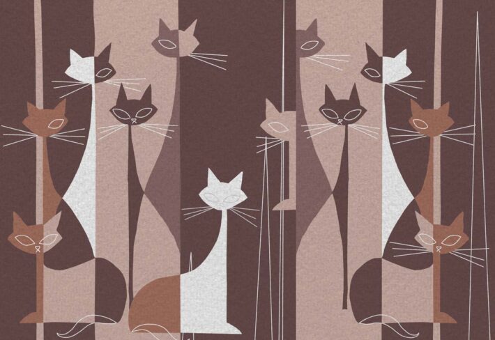 Cat Mat, Stylized Cats in Retro Cocoa Stripes Wallpaper Mural