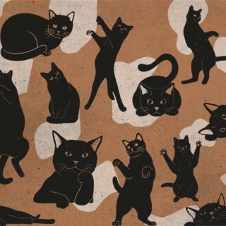 Kitten Cacophony, Quirky Black Cat Silhouettes on Warm Paper-Tone Mural