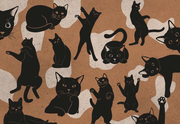 Kitten Cacophony, Quirky Black Cat Silhouettes on Warm Paper-Tone Mural