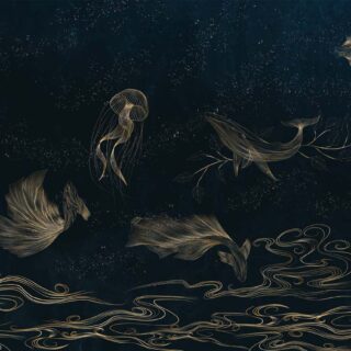 Celestide, Golden Sea Creatures in a Midnight Ocean Dreamscape Wallpaper Mural