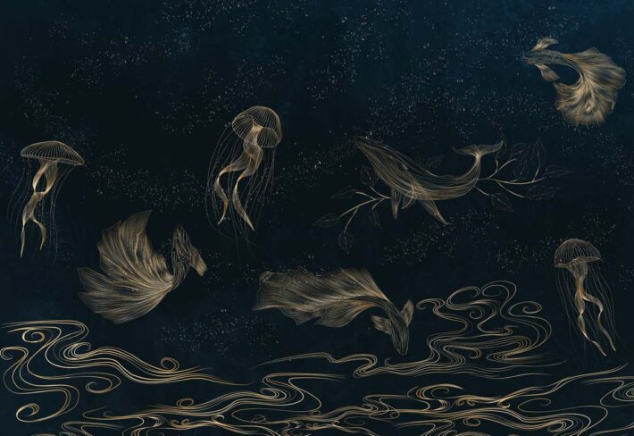 Celestide, Golden Sea Creatures in a Midnight Ocean Dreamscape Wallpaper Mural