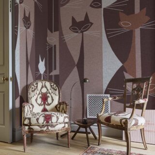Cat Mat, Stylized Cats in Retro Cocoa Stripes Wallpaper Mural mockup