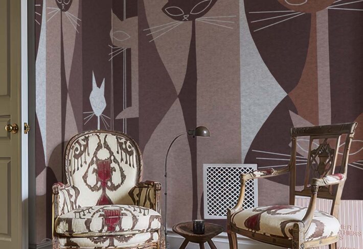 Cat Mat, Stylized Cats in Retro Cocoa Stripes Wallpaper Mural mockup
