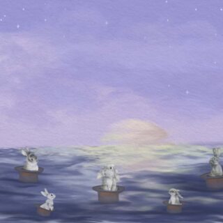 Echoes Edo, Dreamy Bunnies Adrift in Magic Hats on a Starlit Sea Wallpaper Mural