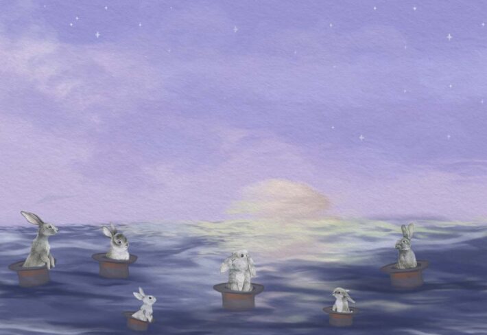 Echoes Edo, Dreamy Bunnies Adrift in Magic Hats on a Starlit Sea Wallpaper Mural