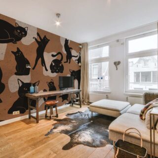 Kitten Cacophony, Quirky Black Cat Silhouettes on Warm Paper-Tone Mural mockup
