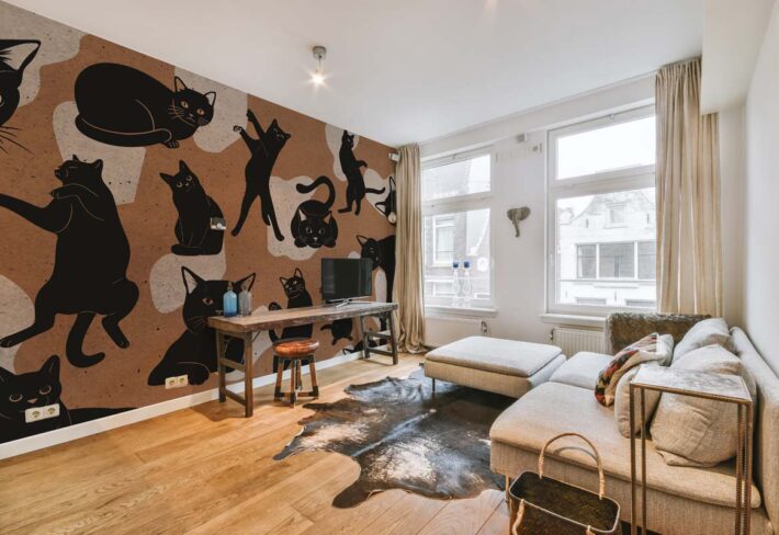 Kitten Cacophony, Quirky Black Cat Silhouettes on Warm Paper-Tone Mural mockup