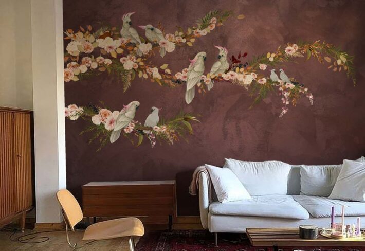 Blush in The Wild, Graceful Cockatoos on Blush Blooming Branches Wallpaper Mural mockup