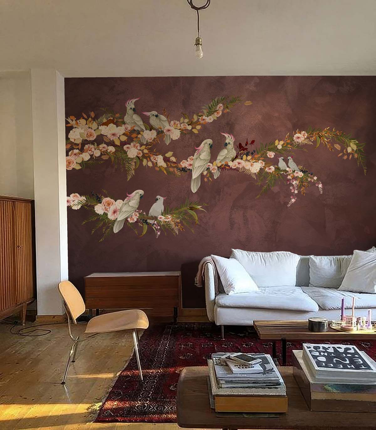 Blush in The Wild, Graceful Cockatoos on Blush Blooming Branches Wallpaper Mural mockup