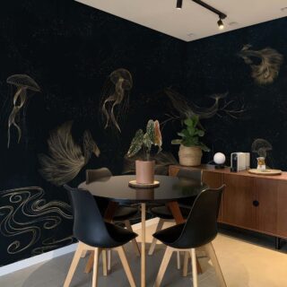 Celestide, Golden Sea Creatures in a Midnight Ocean Dreamscape Wallpaper Mural mockup