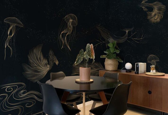 Celestide, Golden Sea Creatures in a Midnight Ocean Dreamscape Wallpaper Mural mockup