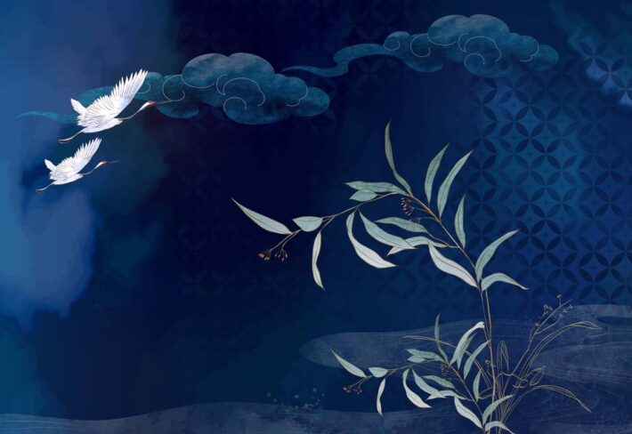 Geisha Silhouettes, Graceful Cranes in a Midnight Bamboo Grove Wallpaper Mural