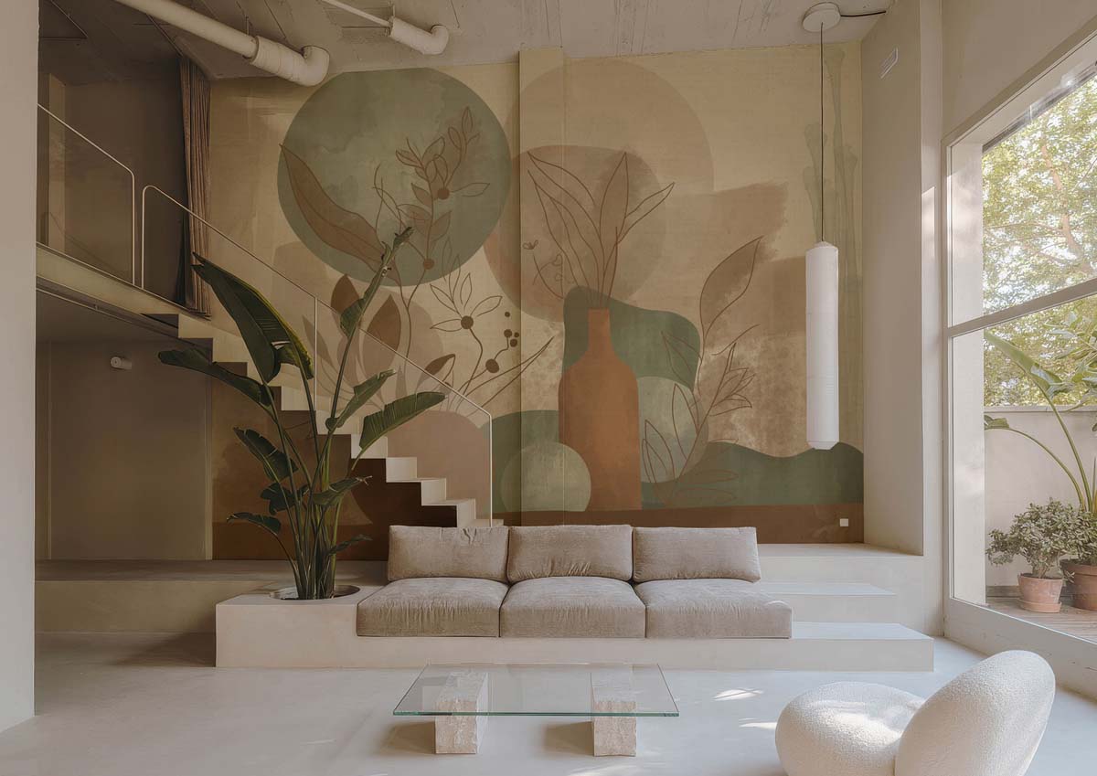 Ink Plumage, Earthy Botanicals in a Soft Abstract Harmony Wallpaper Mural mockup