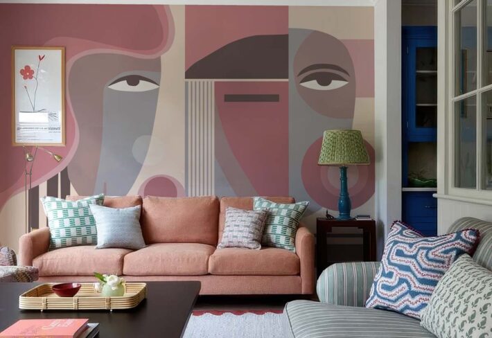 Blush Geometry, Abstract Faces in Dusty Rose and Taupe Tones Wallpaper Mural mockup