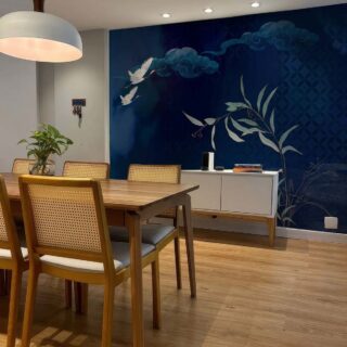 Geisha Silhouettes, Graceful Cranes in a Midnight Bamboo Grove Mural mockup