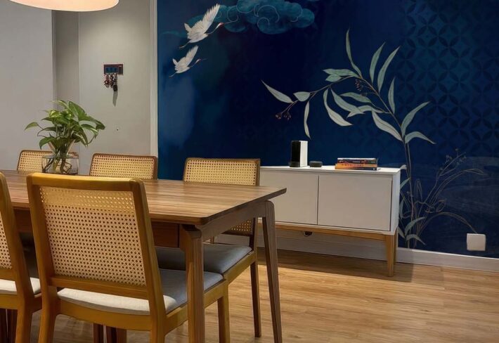 Geisha Silhouettes, Graceful Cranes in a Midnight Bamboo Grove Mural mockup