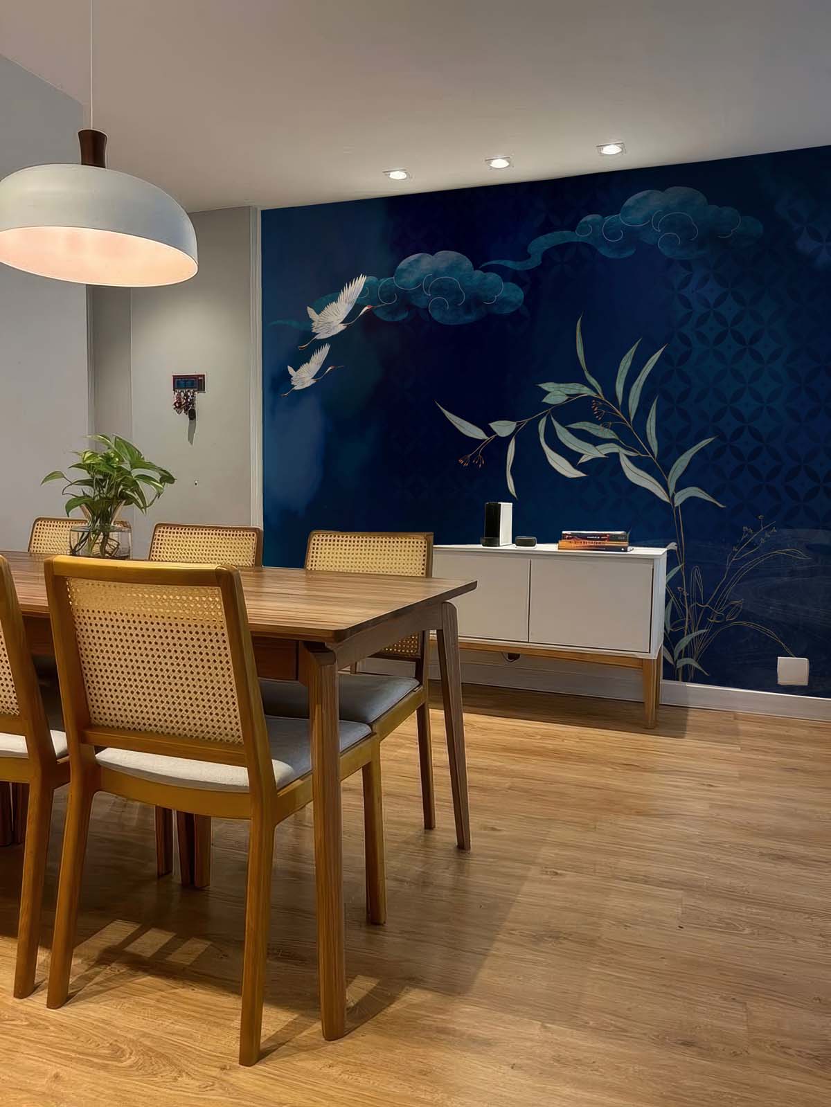 Geisha Silhouettes, Graceful Cranes in a Midnight Bamboo Grove Mural mockup