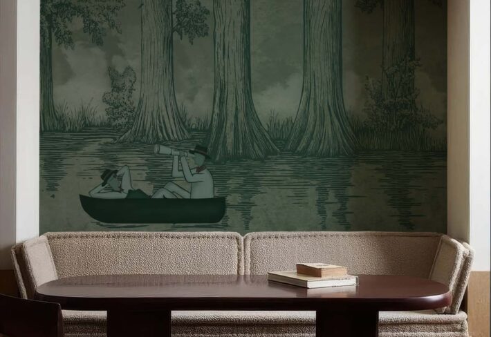 Jungle Drift, Adventurers Adrift in a Storybook Woodland Wallpaper Mural mockup