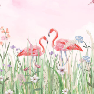 Flamingo Meadow, Enchanted Flamingos in a Hummingbird Meadow Wallpaper Mural