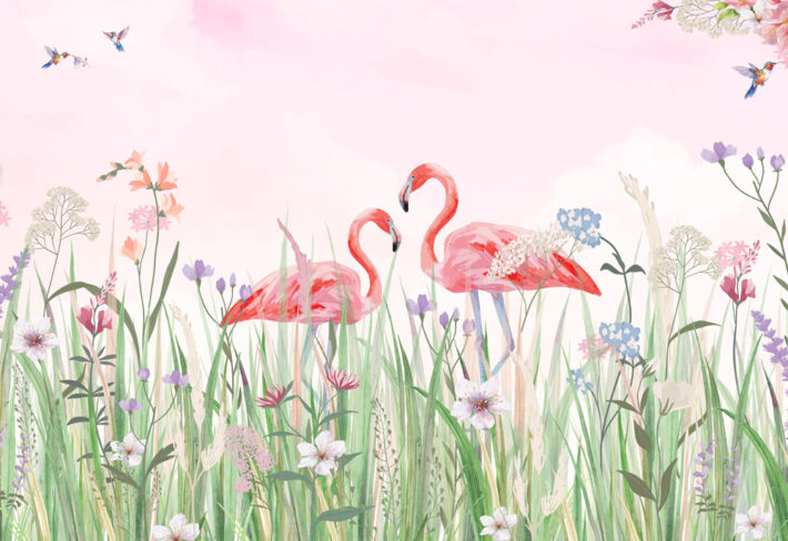 Flamingo Meadow, Enchanted Flamingos in a Hummingbird Meadow Wallpaper Mural