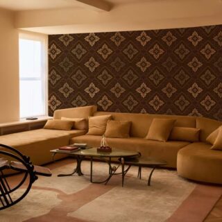 Baroque Ember, Ornate Brown Damask with Royal Plum Accents Wallpaper Mural mockup