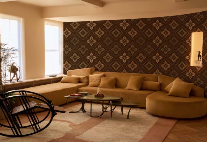 Baroque Ember, Ornate Brown Damask with Royal Plum Accents Wallpaper Mural mockup
