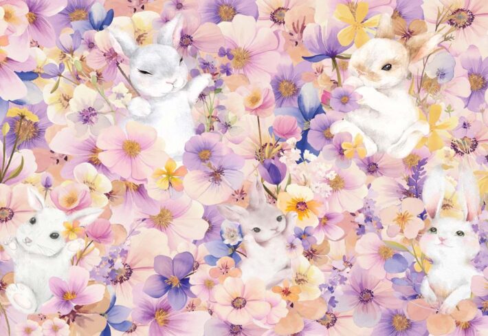 Blossom Bunnies, Whimsical Bunnies in a Pastel Floral Wonderland Wallpaper Mural