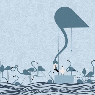 Flamingo Sonata, Serene Cranes in a Whispering Waves Wallpaper Mural
