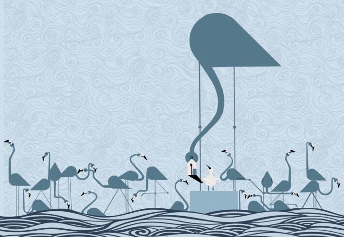 Flamingo Sonata, Serene Cranes in a Whispering Waves Wallpaper Mural