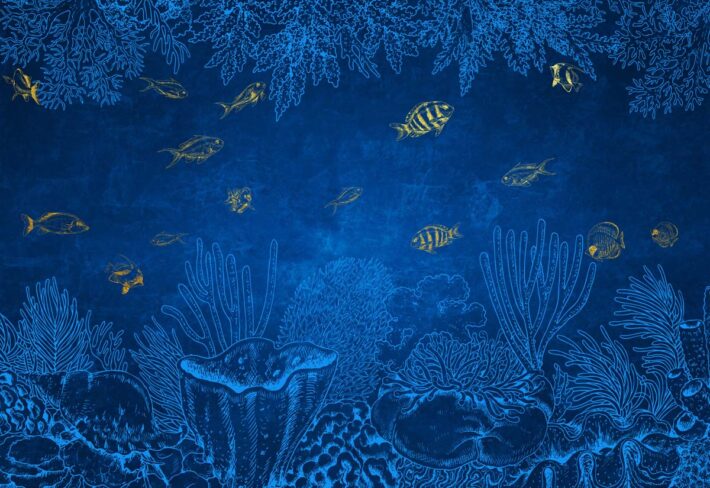 Aurean Abyss, Serene Deep Sea with Shimmering Fish Wallpaper Mural