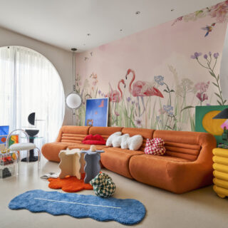 Flamingo Meadow, Enchanted Flamingos in a Hummingbird Meadow Wallpaper Mural mockup