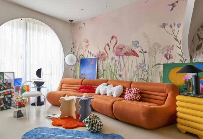 Flamingo Meadow, Enchanted Flamingos in a Hummingbird Meadow Wallpaper Mural mockup