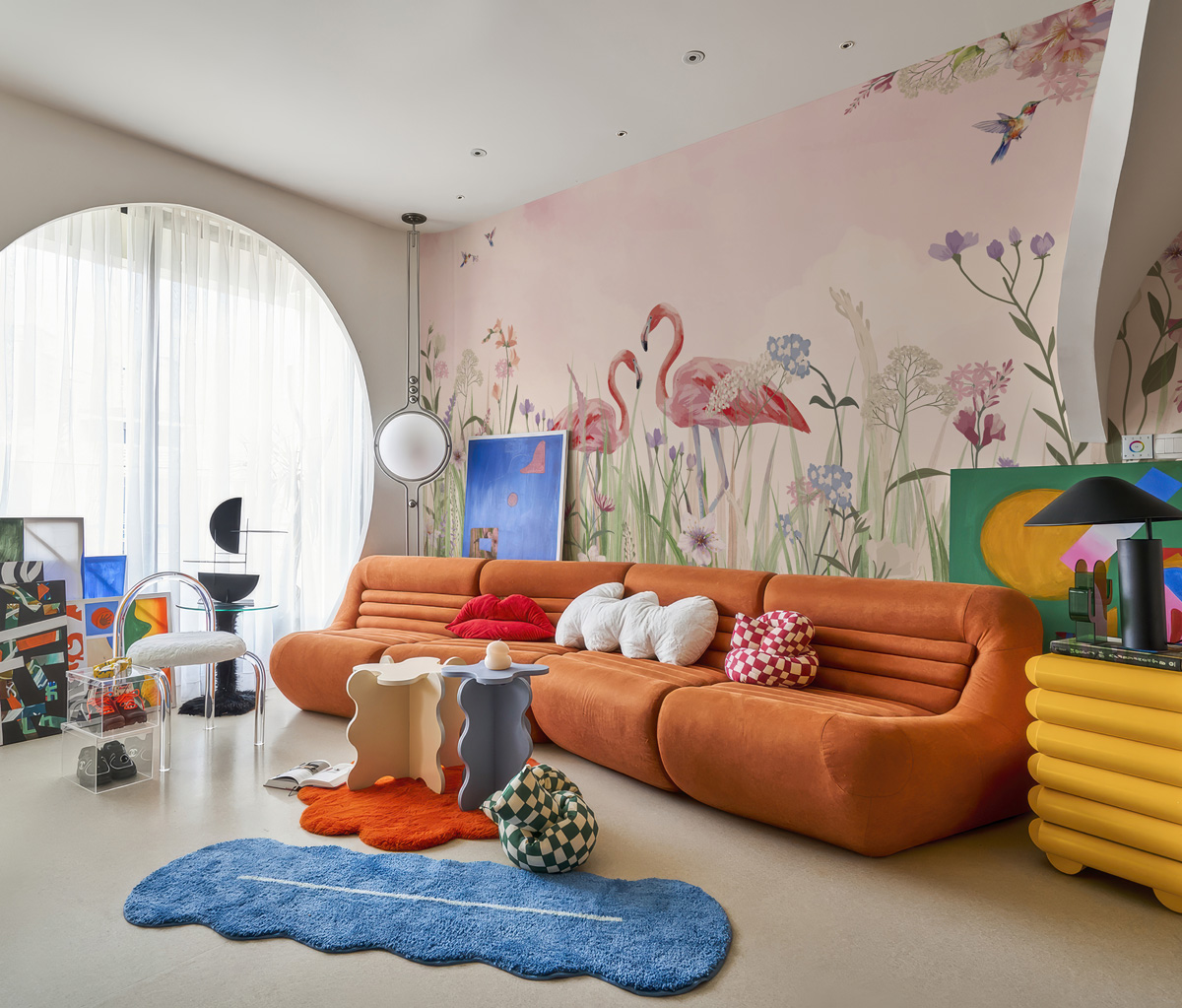 Flamingo Meadow, Enchanted Flamingos in a Hummingbird Meadow Wallpaper Mural mockup