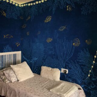 Aurean Abyss, Serene Deep Sea with Shimmering Fish Wallpaper Mural mockup