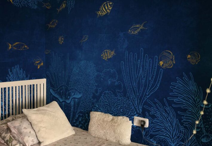 Aurean Abyss, Serene Deep Sea with Shimmering Fish Wallpaper Mural mockup