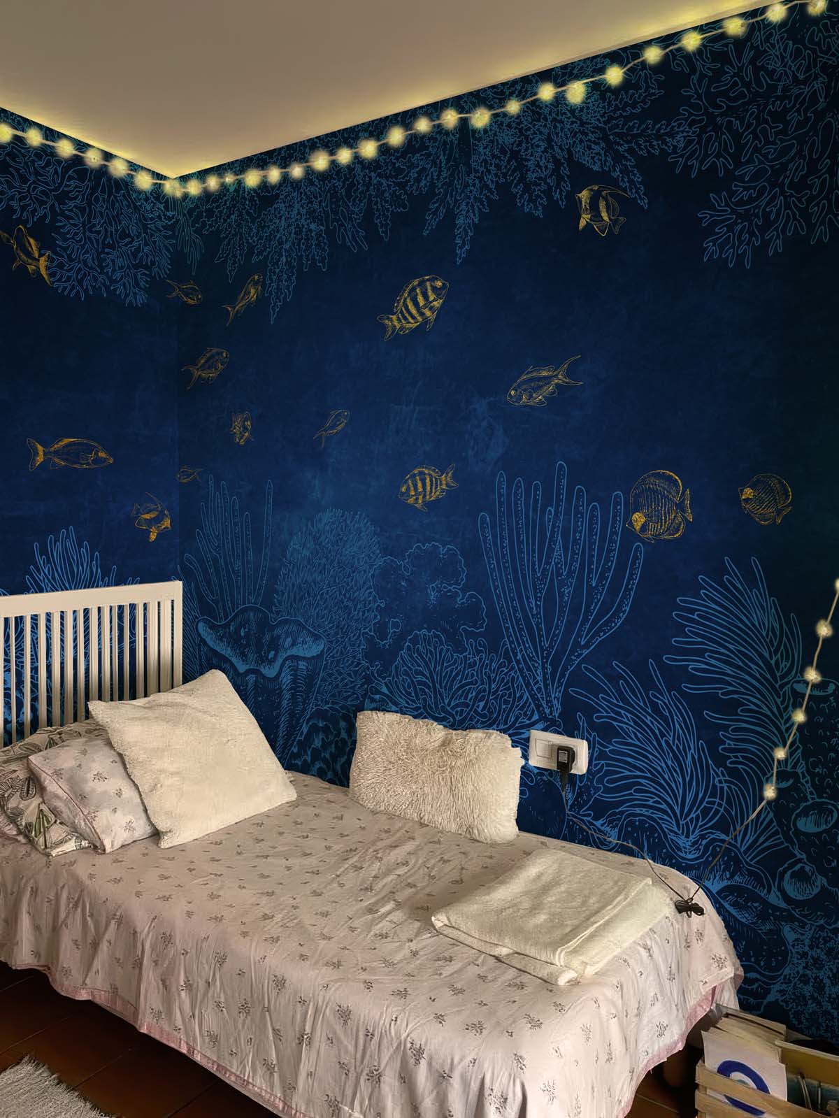 Aurean Abyss, Serene Deep Sea with Shimmering Fish Wallpaper Mural mockup