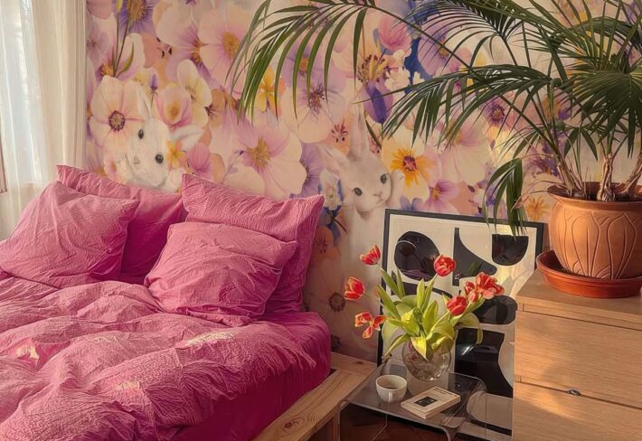 Blossom Bunnies, Whimsical Bunnies in a Pastel Floral Wonderland Wallpaper Mural mockup