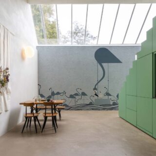 Flamingo Sonata, Serene Cranes in a Whispering Waves Wallpaper Mural mockup