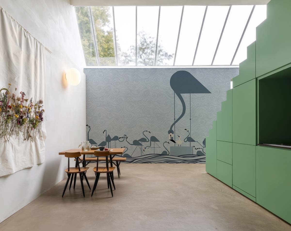 Flamingo Sonata, Serene Cranes in a Whispering Waves Wallpaper Mural mockup