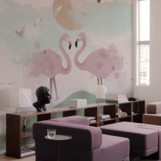 Flamingo Canvas, Graceful Flamingos in a Pastel Wetland Dreamscape Wallpaper Mural mockup