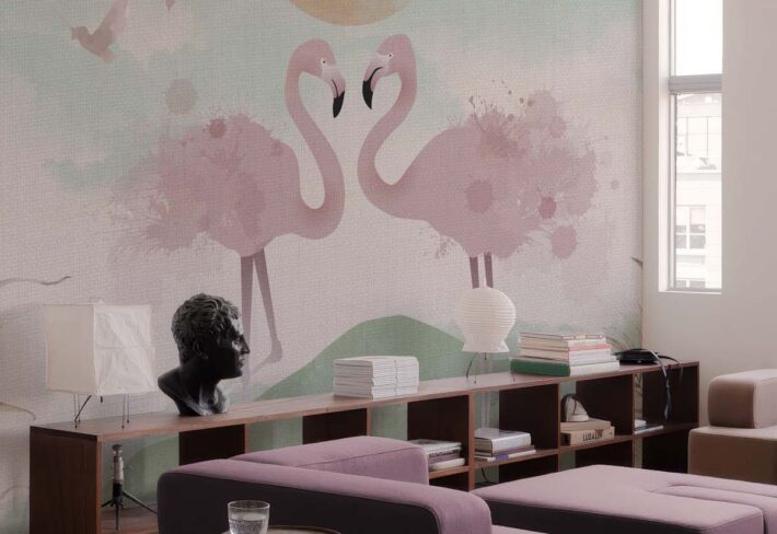 Flamingo Canvas, Graceful Flamingos in a Pastel Wetland Dreamscape Wallpaper Mural mockup