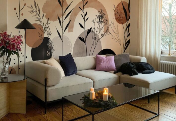 Soft Beige Botanic Aura Wallpaper Mural mockup