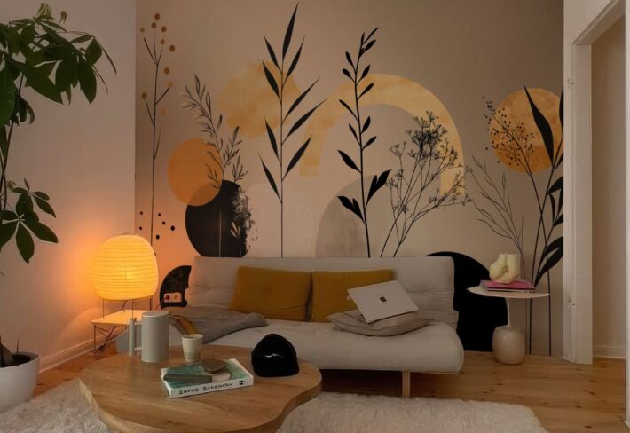 Warm Golden Amber Botanic Aura Wallpaper Mural mockup